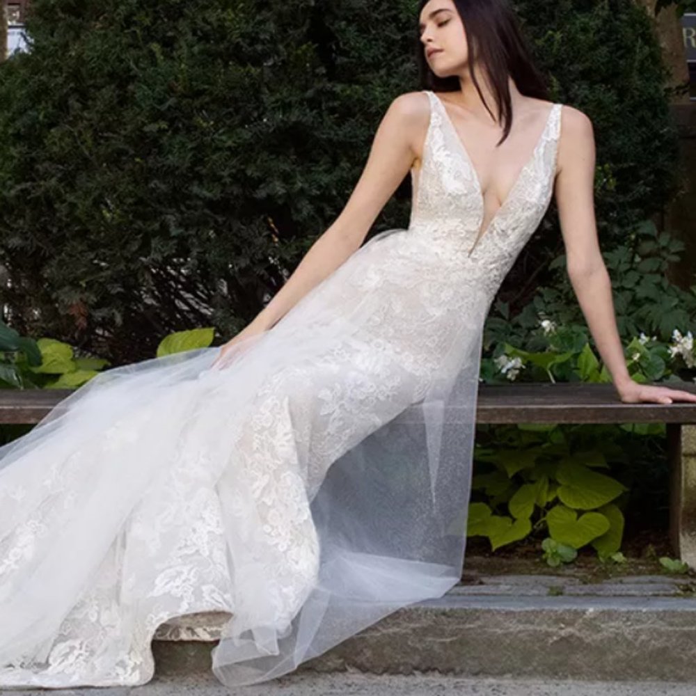 Lazaro Wedding Gown HOPE Style 32104 Lt Ivory Lace / Detachable Beaded Overskirt